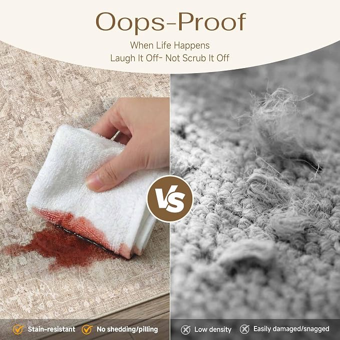 4x5 Beige Neutral Living Room Bedroom Area Rug | Washable, Soft, Non Slip, Low Pile, Vintage, Distressed, Carpet for Dining Room Nursery Office Indoor Home Decor