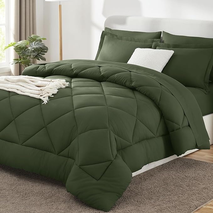 Full Size Comforter Sets Olive Green - 7 Pieces Bed in a Bag | OEKO-TEX Certified, All Season, 240GSM Down-Alternative Comforter, Sheets, Pillowcases & Shams, 14" Deep Pocket, Easy Care