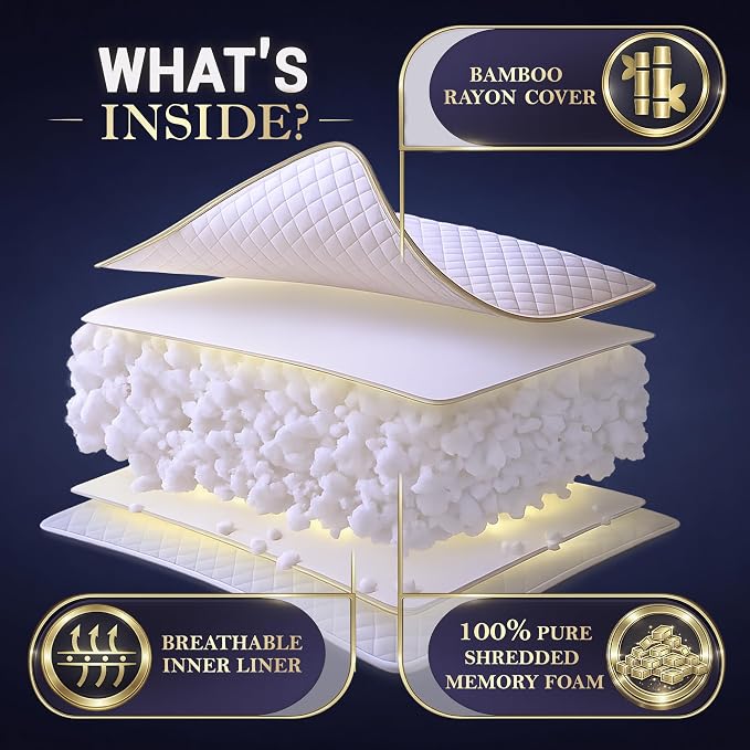 Royal Therapy Queen Size Set of 2-Shredded Memory Foam Pillow–Adjustable Memory Foam Pillow for Sleeping, Firm Pillow for Neck & Shoulder Support, Breathable Bed Pillow for Back Stomach Side Sleepers