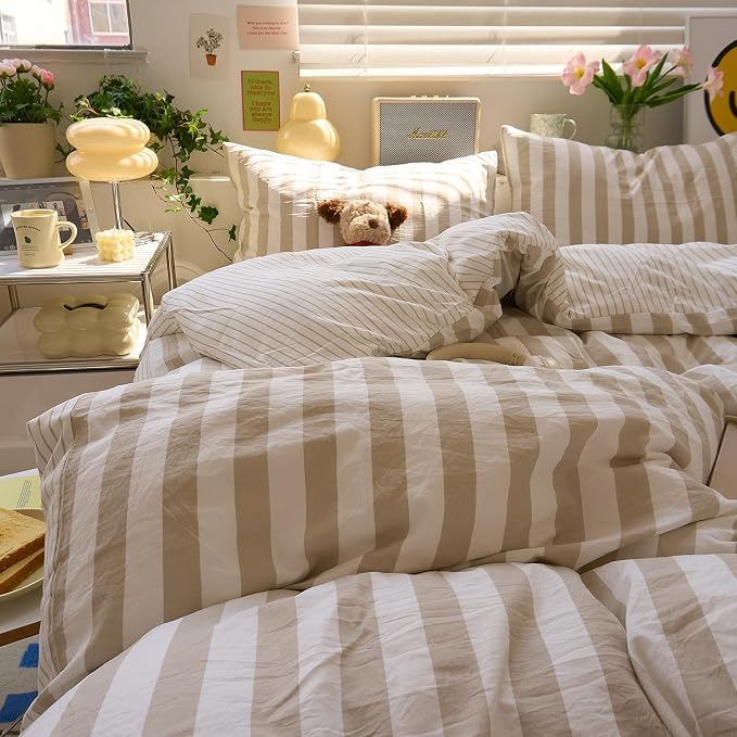 LifeTB Vintage Striped Comforter Set Twin XL, 3 Piece Brown White Stripes Pattern Printed Comforter with 2 Pillowcases, Soft Breathable Khaki Striped Bedding Comforter Farmhouse Twin XL Comforter Set