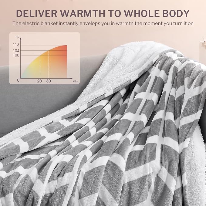VENTIMI Heated Blanket Twin, 9 Heat Levels & 2-10 Hours Auto Off, Grey | ETL & FCC, Fast Warming, 62" × 84", Flannel and Sherpa, Couch Bed Use, Machine Washable, Removable Controller