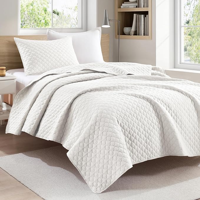 HORIMOTE HOME Cream Quilt Twin Size, Lightweight Quilt for Summer Ultra-Soft Microfiber Modern Style Quilted Clouds Pattern Bedspread Quit Set 2 Pieces (1 Quilt and 1 Pillow Sham)