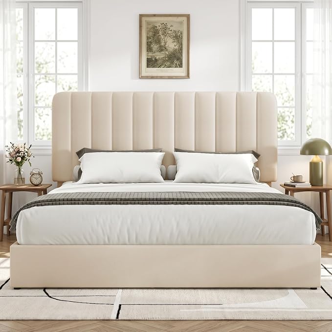 VECELO King Size Upholstered Bed Frame with 4 Drawers and Headboard, Velvet Platform Storage Bedframe, Wooden Slats Support, No Box Spring Needed,Bone Beige