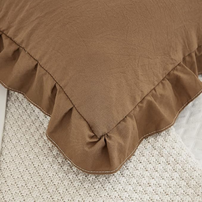 Brown Pillow Shams Coffee Brown Ruffle Queen Pillowcases Cute Pillow Cover Set of 2 Shabby Chic Soft Pillowcases 2 Pack (Queen (20''x30'')