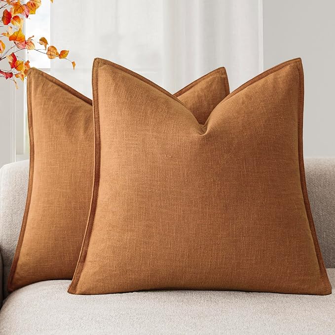Foindtower Linen Solid Decorative Throw Pillow Covers 22x22 Autumn Orange | Pack of 2 Boho Farmhouse Morden Pillowcase,Accent Rustic Cushion Covers,Home Decor for Chair Couch Sofa Bedroom Living Room