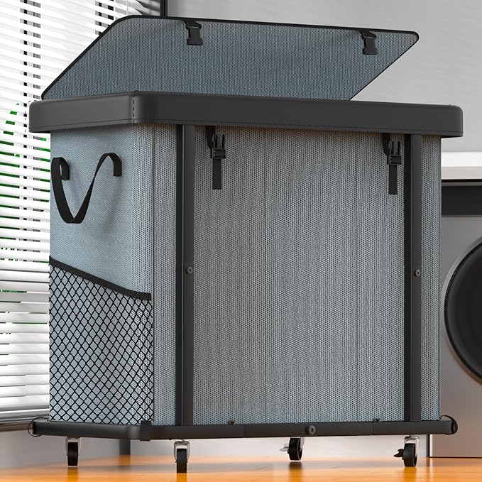 Laundry Basket with Wheels, 230L(60Gal) Laundry Sorter 3 Section - Gray | Leather Patchwork Laundry Hapmer, Sturdy Metal Frame, Removable Washable Bag, Tall Clothes Sorter for Bedroom