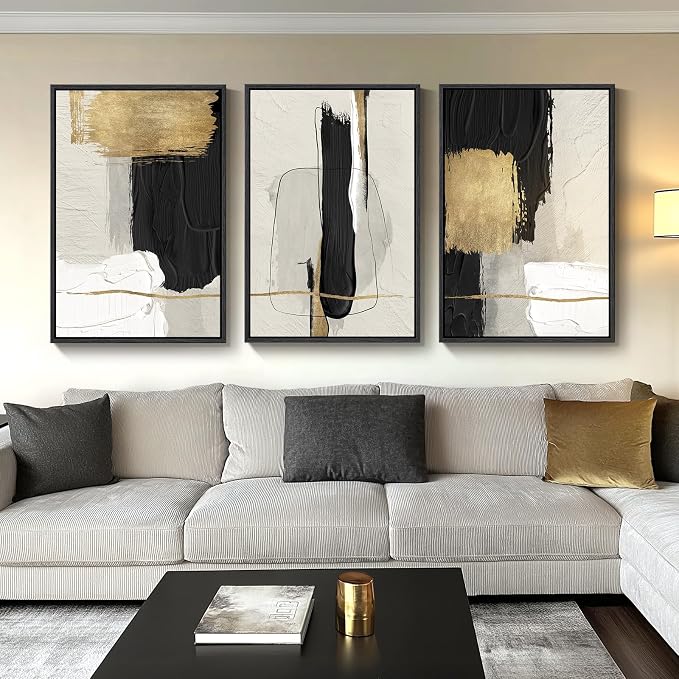 Large Framed Black and White Abstract Wall Art for Living Room, 3 Piece | Modern Paintings, Minimalist Artwork, Black Gold Pictures, Canvas Prints, Wood Frames, Office Bedroom Wall Decor 24x36 Inch