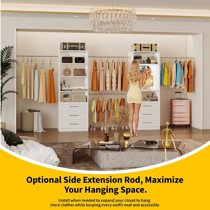Fastgo Closet System with Drawers, 2FT-9.8FT Hanging Closet Organizer System with 4 Expandable Hanging Rods&Adjustable Shelves, Modular Closet Systems with Light & Mirror, White