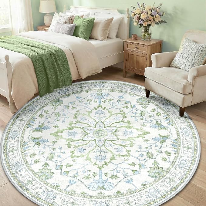 RELEANY Washable Area Rug, Round 6ft, Green/White/Blue | Non-Slip, Water Repellent, Pet Friendly, Easy to Clean, Vintage Floral Boho Decor for Living Room Bedroom Dining Room