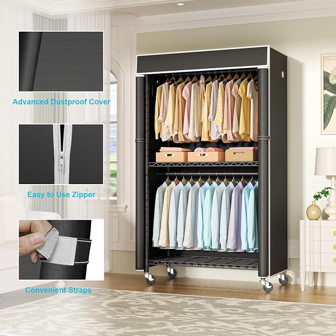 FUTASSI Clothing Rack with Cover, P1C Rolling Closets with Wheels | Metal Garment Rack for Hanging Clothes, Clothing Storage Wardrobe with Cover