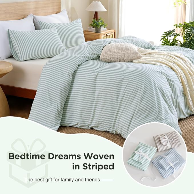 TOCOMOA Sage Green Striped Duvet Cover Set Washed Cotton Like Linen, Queen | 100% Washed Cotton Linen-Like Feel Soft, Breathable & Comfy. Lightweight Bedding Set with Zipper & 8 Ties. 3 Pcs, No Insert