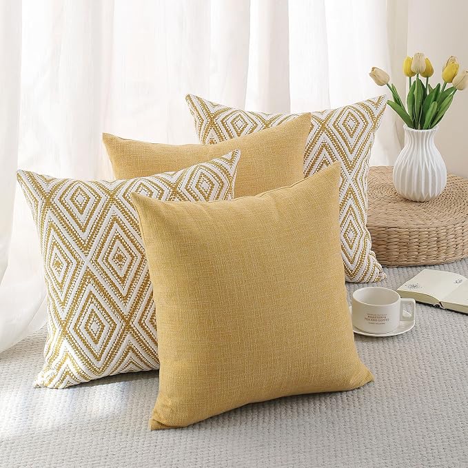 HPUK Throw Pillow Covers 20x20, 4 Pack, Ochre Textured Couch Pillow Covers | Polyester fabric, patterned and solid designs, hidden zippers, machine washable, for sofas and beds, inserts not included