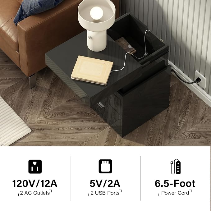 ChooChoo LED Nightstand Set of 2,Smart Night Standwith Charging Station and Sliding Top Storage, Black | Sliding Top Storage, 2-Drawers, High Gloss Bedside Table, Modern End Table, Bedroom, White