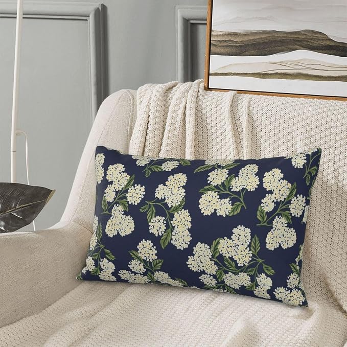 Navy Blue Spring Pillow Covers 12x20 Inch 2 Pcs Green Yellow Hydrangea Flower Decor Throw Pillows Vintage Floral Seasonal Summer Outdoor Decoration Pillowcase Linen Cushion Cover for Couch Sofa