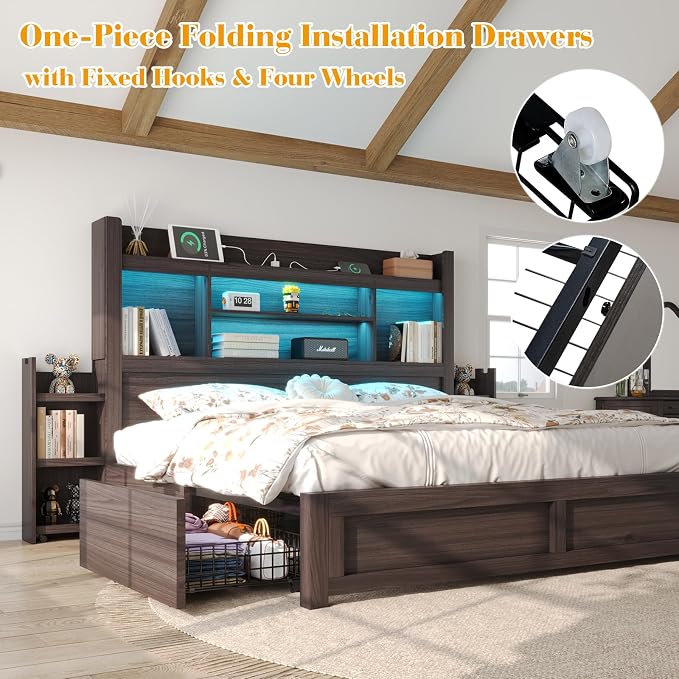 LUXOAK King Bed Frame with Storage, Bookcase Headboard, Black | 49.6" Headboard, Wood Platform Bed, Charging Station, Bedside Storage, 4 Storage Drawers, No Box Spring Needed, Farmhouse