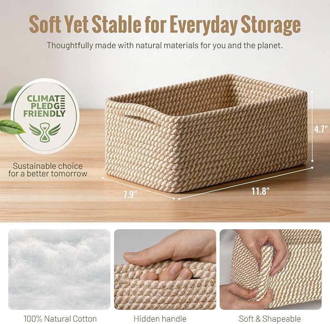 5 Pack Small Woven Storage Baskets for Shelves, Gift Baskets Empty | 11.8"x7.9"x4.7", Decorative Cotton Rope Baskets Organizer, Soft Storage Bins for Organizing Bathroom, Closet, Nursery, Khaki