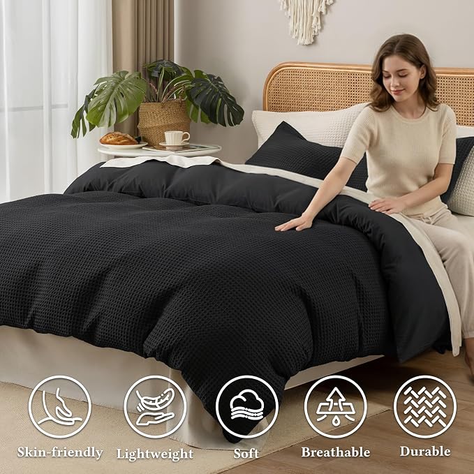 David's Home Soft Textured Waffle Weave Duvet Cover Set, King Size, Black | Breathable Cozy for All Season, 300GSM, 3PCS Home Bedding Decor, OEKO-TEX Certified, Hidden Zipper, 8 Corner Ties, 104" X 90"