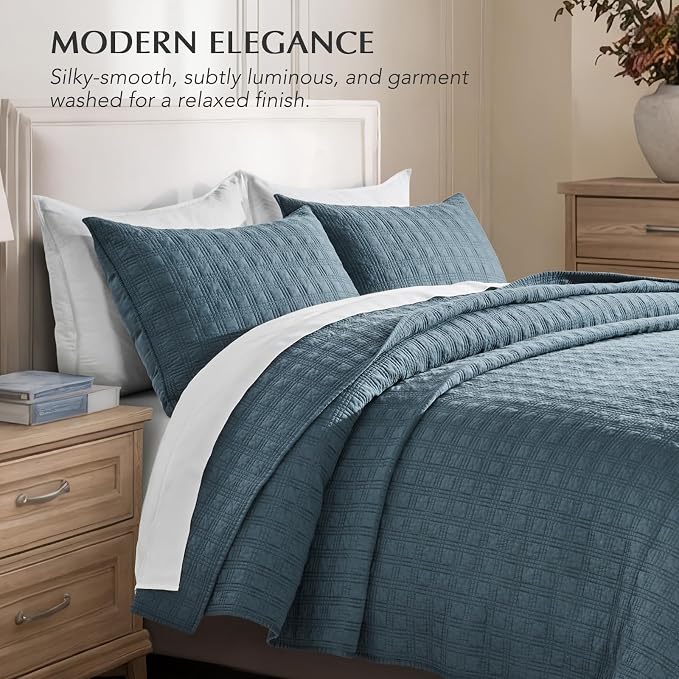 EVERGRACEHOME Cotton Sateen Windowpane Quilt Set King Size, Sonoma Blue | 100% Cotton, Pre-Washed Soft Coverlet Bedspread, 3-Piece Lightweight Bedding Set for All Season, with 2 Pillow Shams