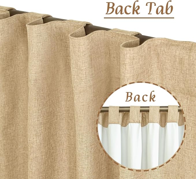 Natural 100% Blackout Linen Bedroom Curtains 63 Inches 2 Panels | Full Room Darkening, Thermal Curtains, Neutral Panels for Farmhouse, Rod Pocket Back Tab, White Liner, 52 x 63 Inch, Burlap