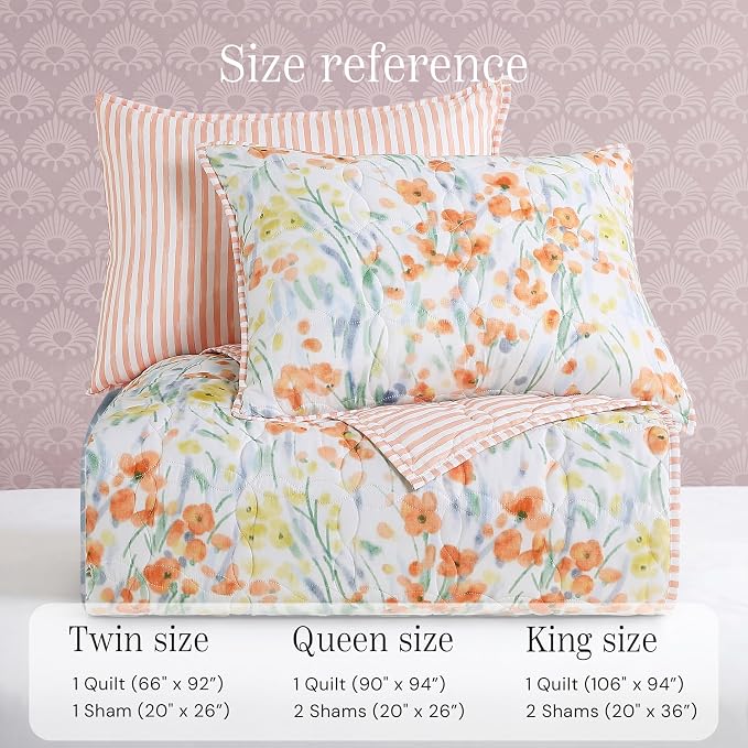 Twin/Twin XL Quilt Set-2 Pieces Soft Bedding Floral Reversible Coverlet | All Seasons Lightweight Quilts Queen Size for Bed, Breathable Vintage Bedspread with Sham, Orange Floral