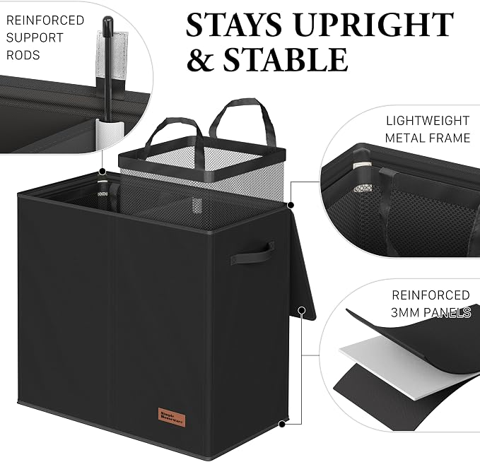 Simple Houseware Double Laundry Hamper with Lid & Removable Bags, Black | Heavy Duty 600D Polyester, Water-Resistant Surface