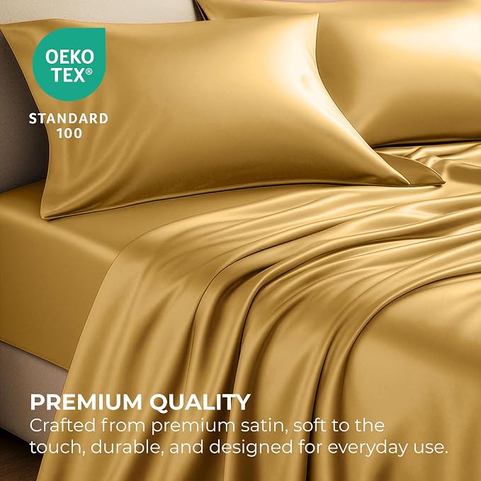 Satin Sheets Full [4-Piece, Gold] Hotel Luxury Silky Bed Sheets - Extra Soft 1800 Microfiber Sheet Set, Wrinkle, Fade, Stain Resistant - Deep Pocket Fitted Sheet, Flat Sheet, Pillow Cases