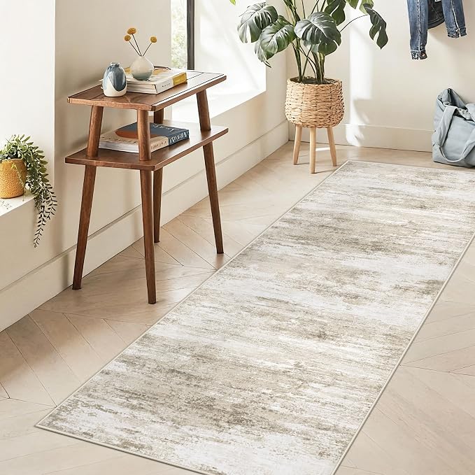 Washable 2x6 Runner Rug for Hallway: Kitchen Runner Non Slip Neutral Soft Abstract Modern Low Pile Stain Resistant Carpet Runner for Bedroom Beside Entryway Bathroom Laundry Indoor (Beige, 2'x6')