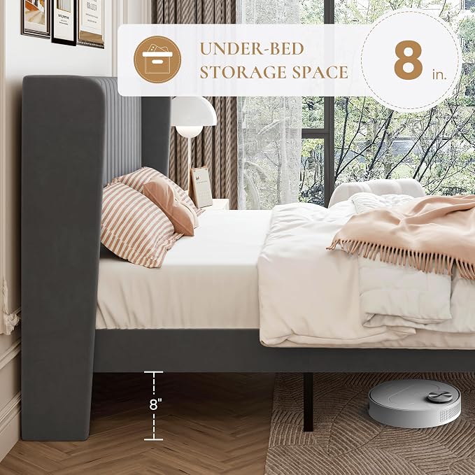 SHA CERLIN Queen Size Velvet Bed Frame, Tufted Wingback Headboard, Grey | 47'' Modern Vertical Channel Headboard, Upholstered Platform Bed, Wood Slats, No Box Spring Needed, Easy Assembly, Noise Free