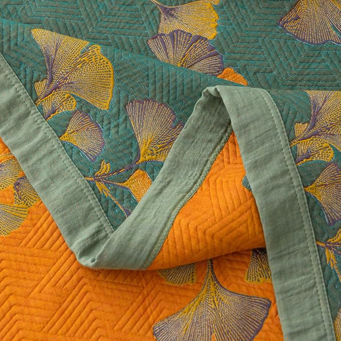 100% Cotton Jacquard Quilt Floral Ginkgo Leaves Print,Soft Muslin Bed Cover 3 Layers Reversible Bedspread Coverlet Breathable Lightweight Bedding,King(98"x94"), No Pillow Sham