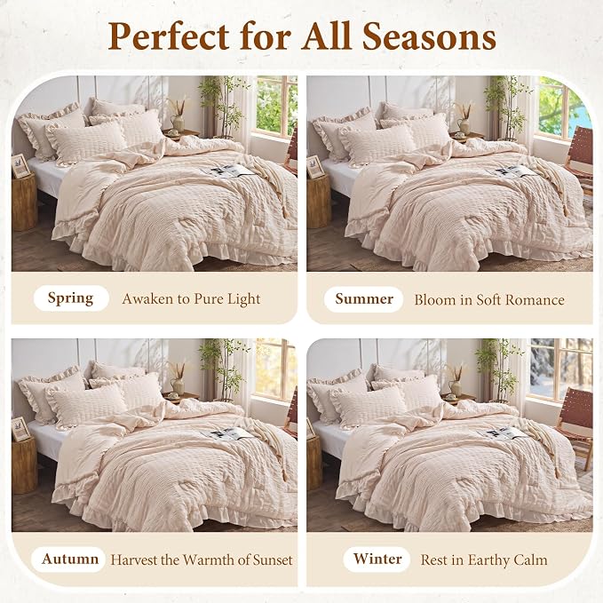 JOLLYVOGUE Oversized King Comforter Set, 3 Pieces Beige Seersucker Comforters, Lightweight & Fluffy Bedding Sets for All Season with 1 Ruffle Comforter and 2 Ruffle Pillowshams
