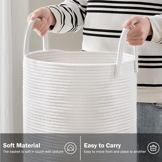 Woven Rope Laundry Hamper Basket by YOUDENOVA, 58L Tall Laundry Basket, Baby Nursery Hamper for Blanket Storage, Clothes Hamper for Laundry in Bedroom-Large-Pure White | Large Woven Laundry Hamper with Sturdy Handles, Collapsible Home Decor Laundry Bas...
