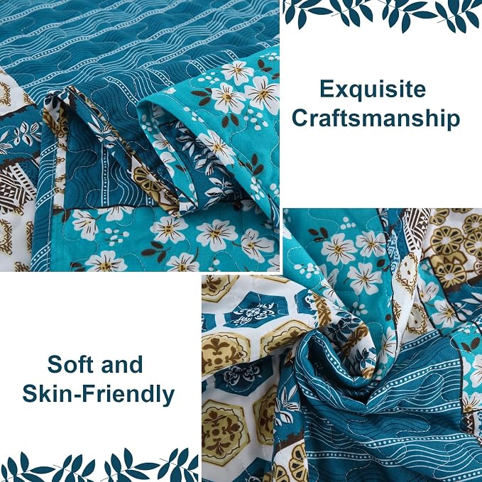 Mybedsoul Boho King Quilts, Patchwork Bedding Set, Dusty Blue | Soft Lightweight Microfiber Floral Coverlet Set, 3 Pieces Plaid Bedspread, Reversible Bed Sets for All Seasons 90"x110"