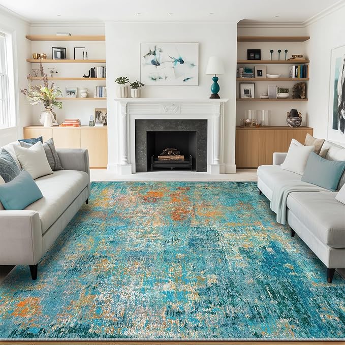 RELEANY Washable 5'x7' Abstract Area Rug for Living Room Teal Multi | Carpet for Bedroom, Kitchen, Office, Hallway and Entryway, Printed Pattern, Non‑Slip, Soft, Stain‑Resistant, Easy to Clean