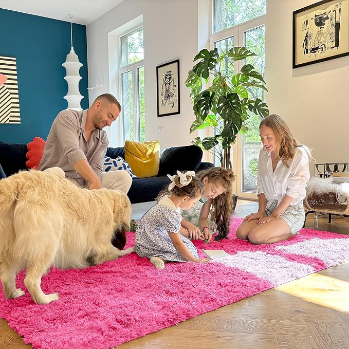 OLANLY 5x7 Machine Washable Large Area Rugs for Living Room, Bedroom, Soft Fluffy Shaggy Bedside Rug, Indoor Floor Carpet for Kids Girls and Boys, Dorms, Nursery, Home Decor Aesthetic, Hot Pink