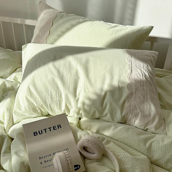 mixinni Green Gingham Duvet Cover Queen Size - 3 Piece Cottagecore Plaid Bedding Set with Lace Trim, Soft Washed Microfiber Vintage Aesthetic Grid Comforter Cover & Pillow Shams, (Green White Gingham)