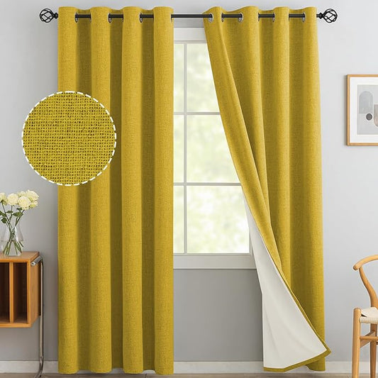 Yakamok Mustard Yellow Linen Textured Curtains 84 Inches Long for Bedroom | 100% Blackout Curtains,Room Darkening Curtains,Thermal Grommet Bedroom Curtain 2 Panels with Greyish White Liner,52W x 84L