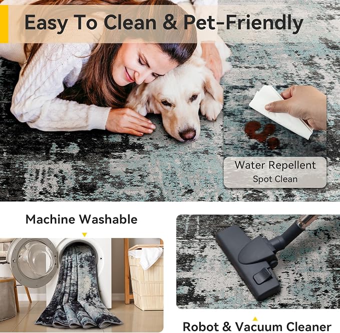 RELEANY Washable 3'x5' Abstract Area Rug for Living Room Teal Black | Carpet for Bedroom, Kitchen, Office, Hallway and Entryway, Printed Pattern, Non‑Slip, Soft, Stain‑Resistant, Easy to Clean