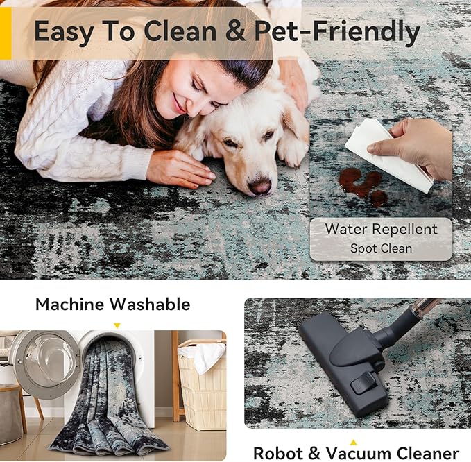 RELEANY Washable 2'x3' Abstract Area Rug for Living Room Teal Black | Carpet for Bedroom, Kitchen, Office, Hallway and Entryway, Printed Pattern, Non‑Slip, Soft, Stain‑Resistant, Easy to Clean