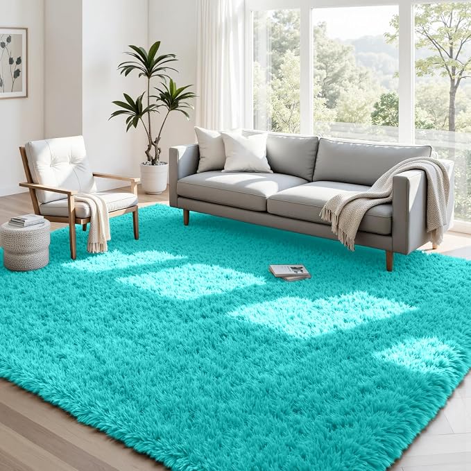 4x6 Fluffy Shag Area Rugs for Living Room Bedroom: Soft Carpet Teal Blue | Upgraded Non-Slip Thick Memory Foam, Ultra Soft, Non-Shedding Fuzzy Carpet, Easy Clean Decor for Kids Room, Nursery, Playroom