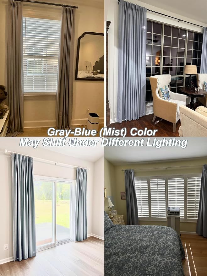 Vision Home Blue Gray Pinch Pleated Full Blackout Curtains Linen Blended Room Darkening Window Curtains 90 inch for Living Room Bedroom Thermal Insulated Pinch Pleat Drapes with Hooks 40" Wx90 Lx2
