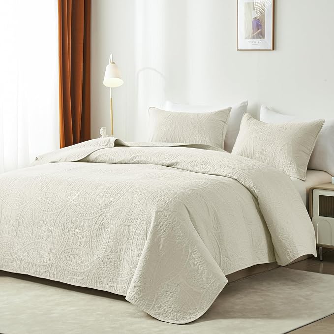 akkialla Full/Queen Quilt Set,Cream Lightweight Bedspread with Coin Pattern, Soft Microfiber Coverlet for All Seasons, Contemporary Decorative Bedding (1 Quilt, 2 Pillow Shams)