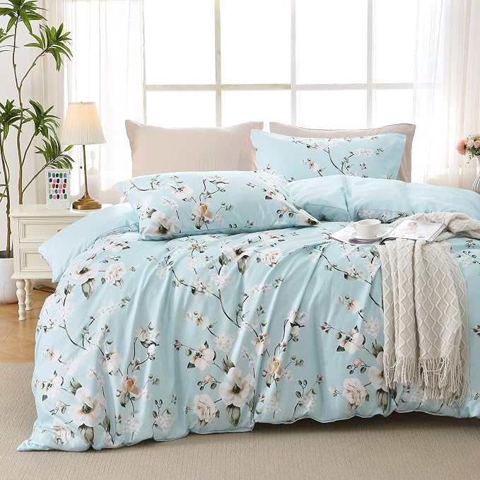 MUXHOMO Duvet Cover Queen Size, Reversible Floral Vintage Duvet Cover Set with Zipper Closure, 3 Pieces Botanical Patterns Soft Microfiber Bedding Set (90"x90", 2 Pillow Cases, Ceiba Blue)