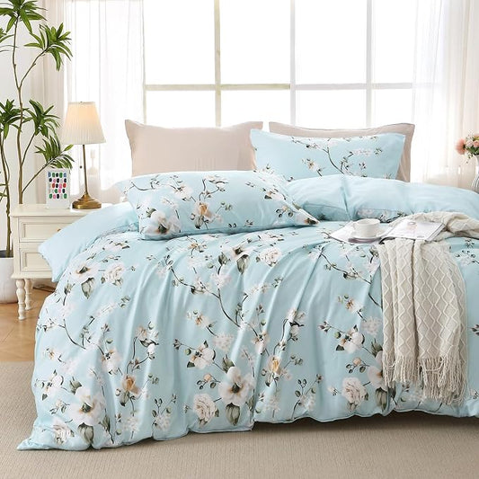 MUXHOMO Duvet Cover Queen Size, Reversible Floral Vintage Duvet Cover Set with Zipper Closure, 3 Pieces Botanical Patterns Soft Microfiber Bedding Set (90"x90", 2 Pillow Cases, Ceiba Blue)