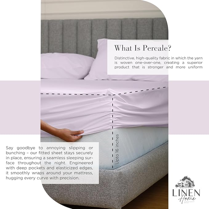Linen Home 2-Pack Queen Sheet Set, 100% Cotton Percale Bedding, 8-Piece Value Bundle, Deep Pocket Cooling Bed Sheets for Hot Sleepers, Breathable & Crisp Hotel Quality, Long-Staple Cotton, Iris Lilac