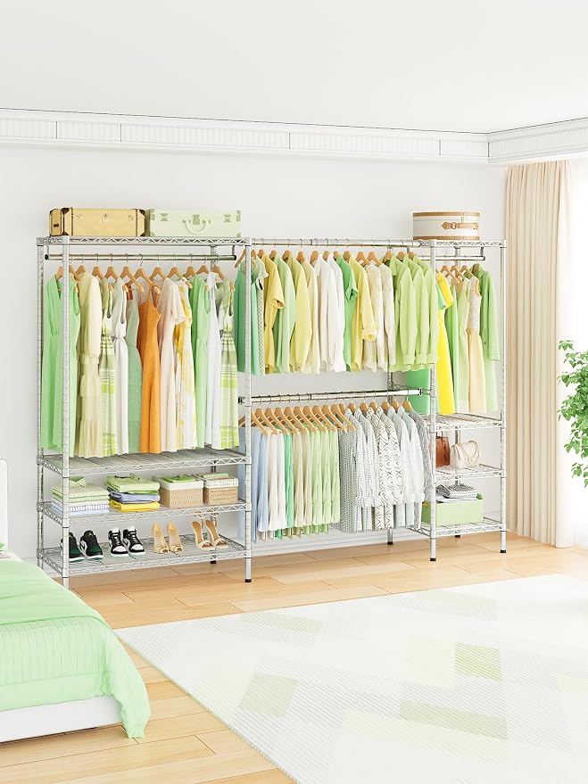 Ulif E11 Heavy-Duty Garment Rack, Metal Clothes Rack, Load 1034lbs, Chrome | Freestanding Expandable Closet Storage Organizer System with 8 Shelves and 4 Hanger Rods, (73.2-97.6)"W x 14.5"D x 71.2"H
