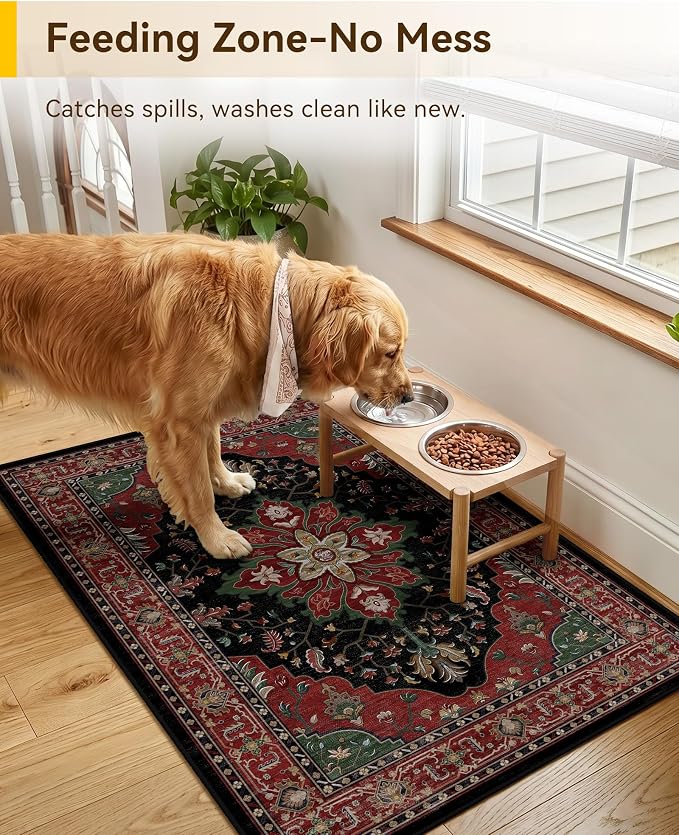 RELEANY Washable Area Rug, Small 2'x3', Red/Black | Non-Slip, Water Repellent, Pet Friendly, Easy to Clean, Vintage Floral Boho Decor for Kitchen Entryway Bathroom