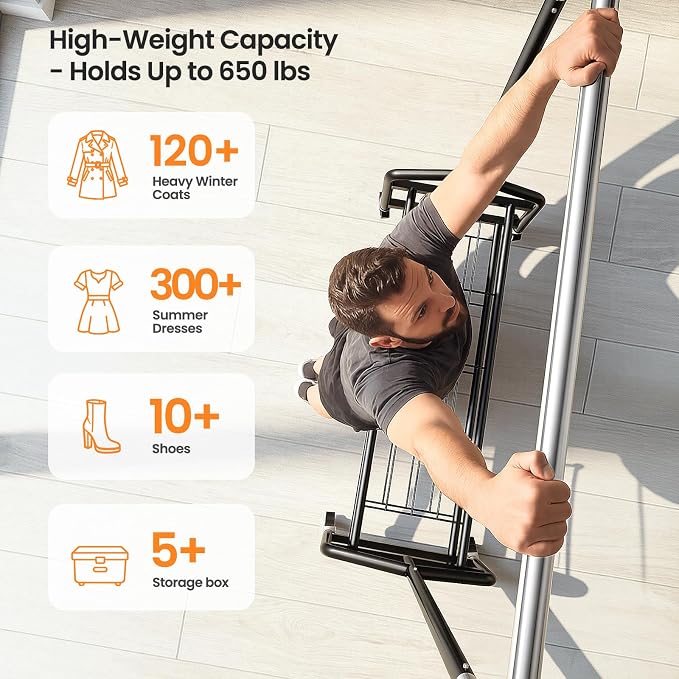 Heavy Duty Clothes Rack, Rolling Clothing Rack Load 650 LBS for Hanging Clothes with 2 Sturdy Shelves, Metal Garment Rack with Wheels for Bedroom, Laundry Room, Retail Store, Silver-Black