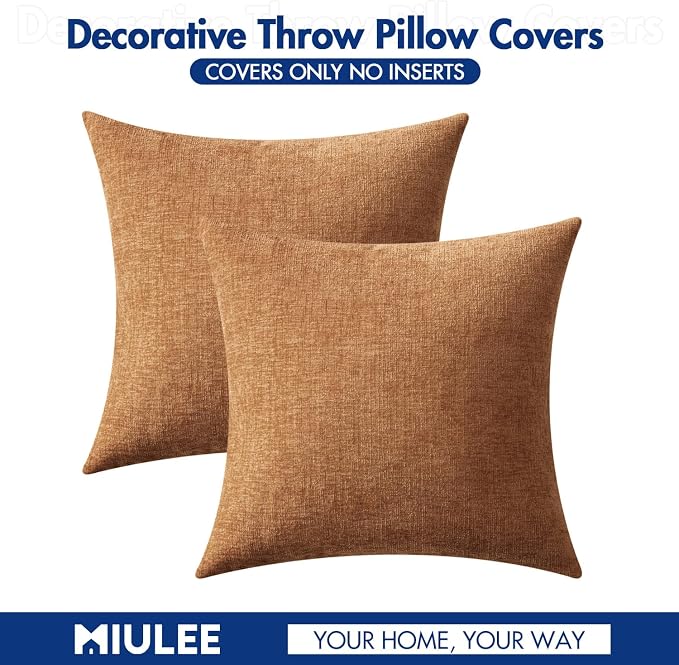 MIULEE Soft Chenille Euro Throw Pillow Covers Brown 24x24 Inch Pack of 2 | Modern Home Decor, Classic Decorative Pillows, Solid Dyed Cases, Boho Couch Cushion Covers for Sofa Bed Living Room