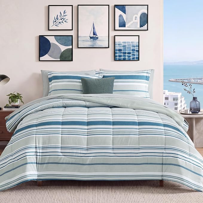 Monbix King Size Comforter Set, 7 Pieces Soft Bed in a Bag King Bedding Set | All Season Royal Blue Striped Reversible Comforter with Sheets, Pillowcases & Shams