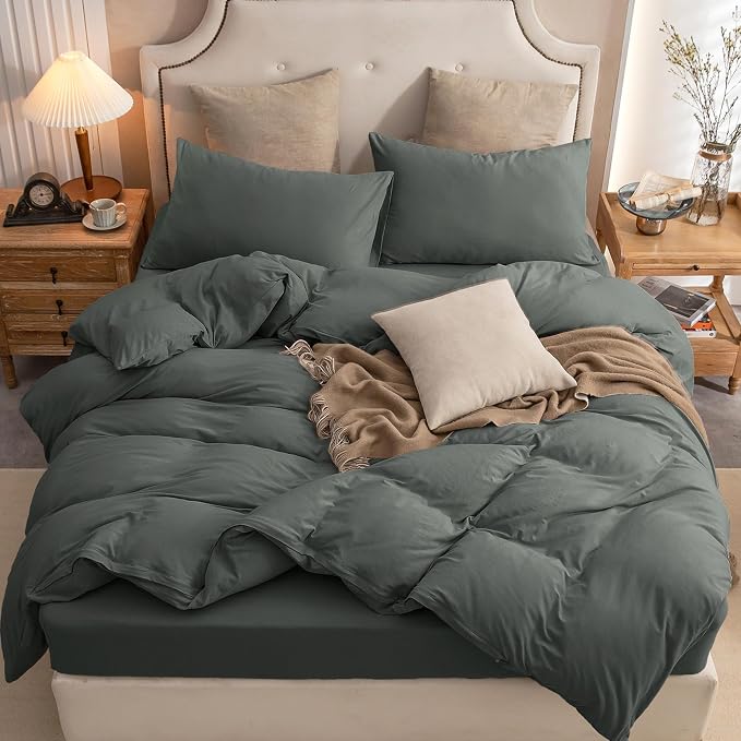 PURE ERA Jersey Knit Sheet Set Solid Dark Greenish Gray Full | 100% Cotton, 3 Piece Set, T Shirt Soft, Breathable, Envelope Closure Pillowcases, Hidden Zipper, 8 Ties, No Insert, Modern